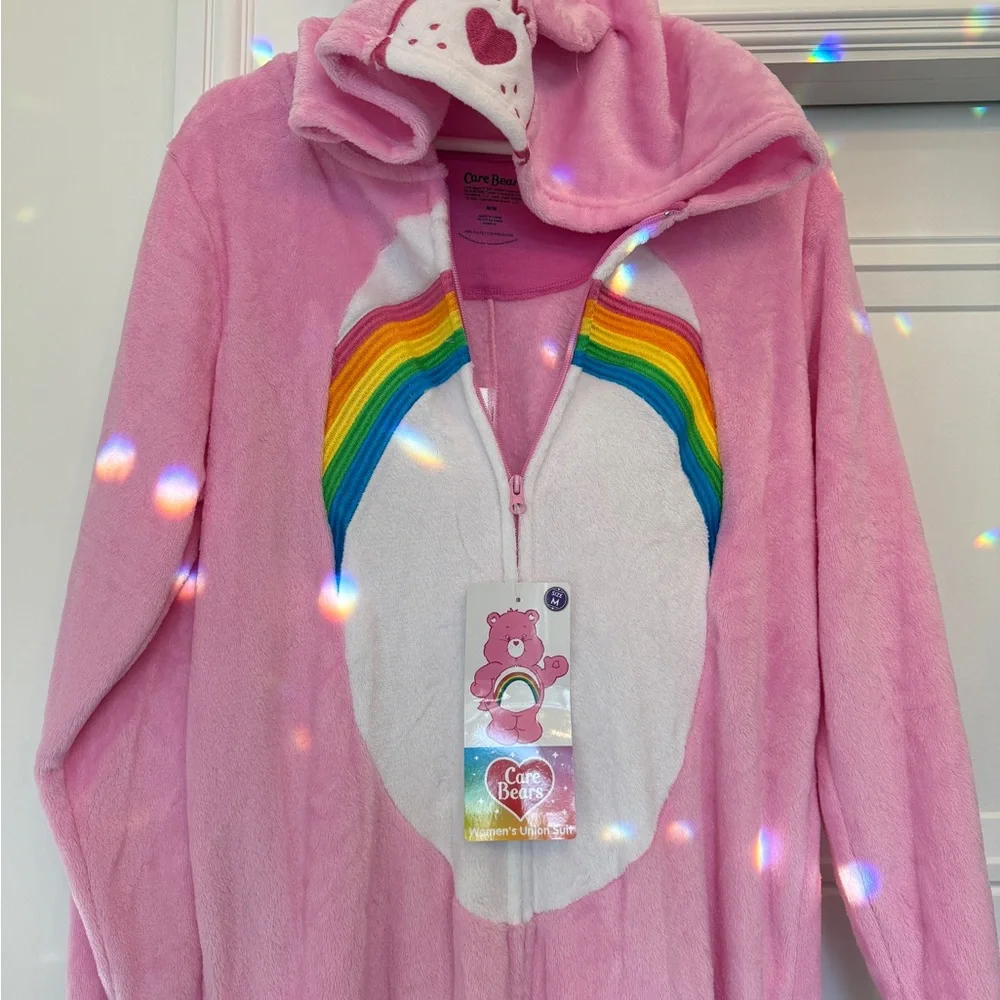 NWT CARE BEARS PINK FLEECE ADULT ONESIE FULL SUIT RAINBOW MEDIUM - Picture 2 of 7